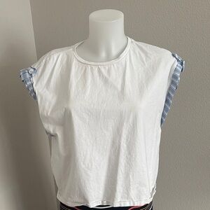 Zara White Top with Blue Striped Sleeves